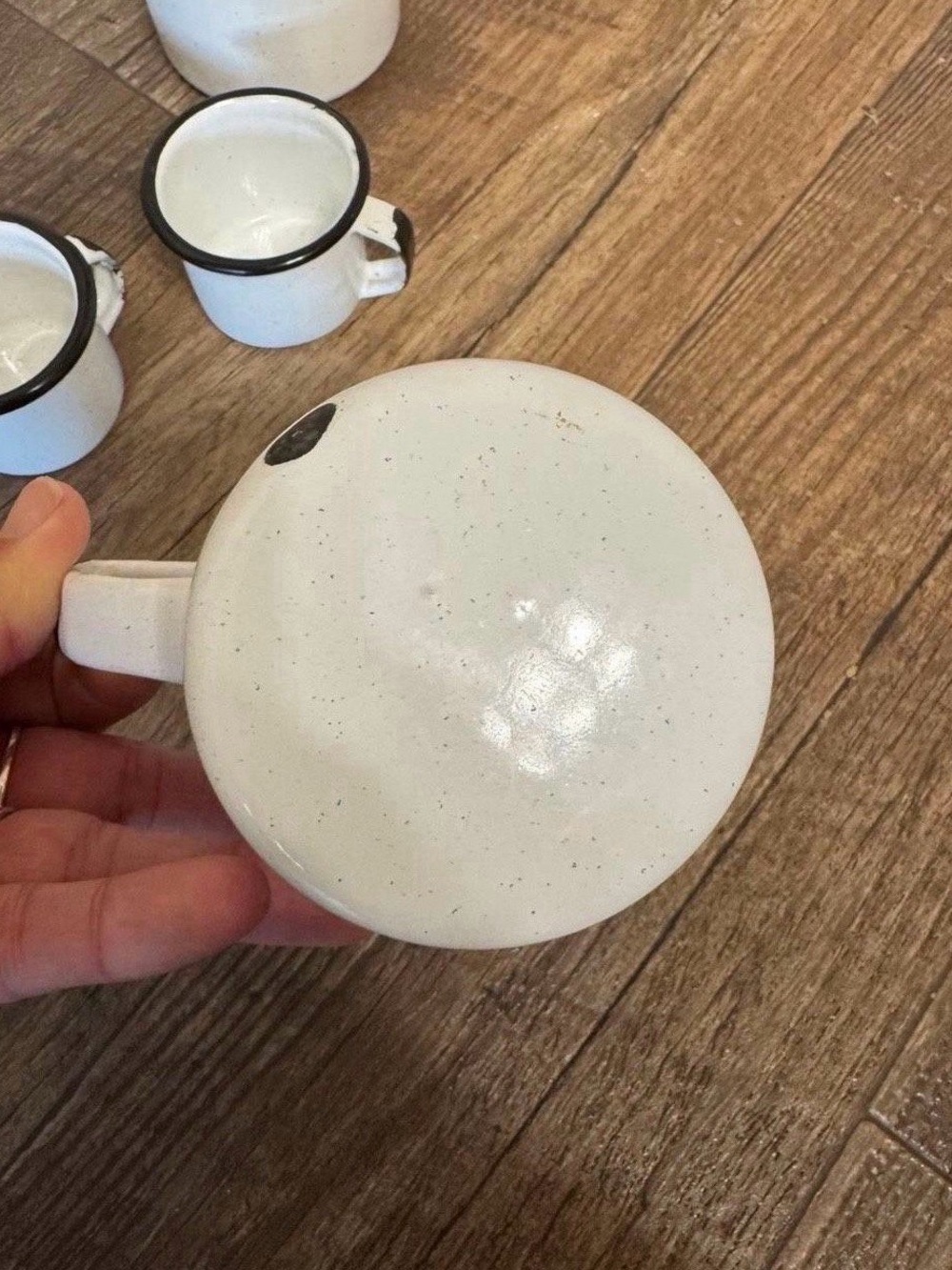 White Speckled Enamel Mug Set w/ Black Rim - 2 Large coffee and 2 espresso cups. - Picture 7 of 10